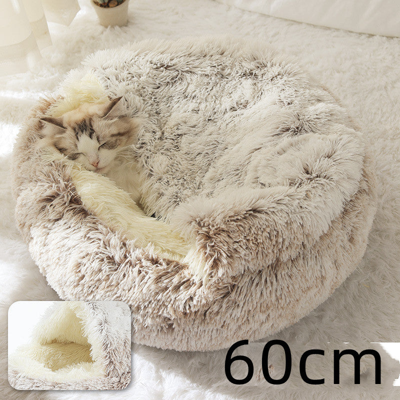 Lit 2 en 1 pour chien et chat - Lit d'hiver rond en peluche chaud pour animaux de compagnie - Lit doux et long en peluche pour animaux de compagnie